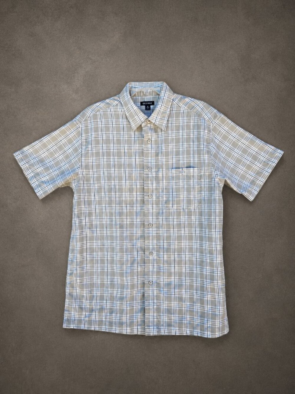 George Short Sleeve Collared Button Down Tan Windowpane Plaid Shirt - M 38-40